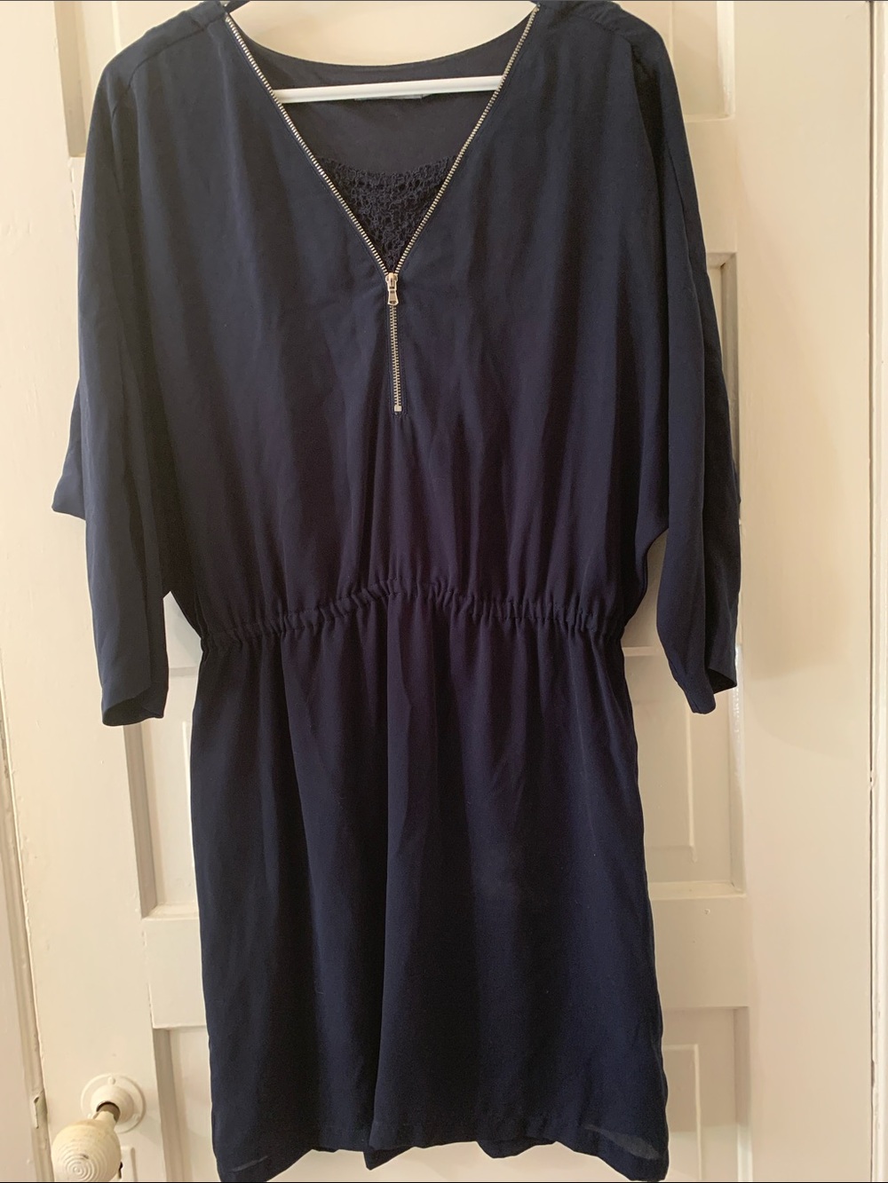 Navy Zip-Front Long Sleeve Dress with Elastic Waist